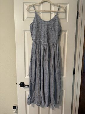 aerie Blue Striped Smocked Midi Dress